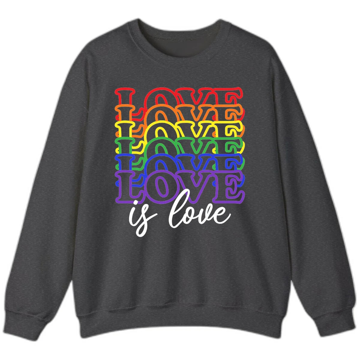 Love is love rainbow pride design with stacked colorful letters in red, orange, yellow, green, blue, and purple in Dark Heather