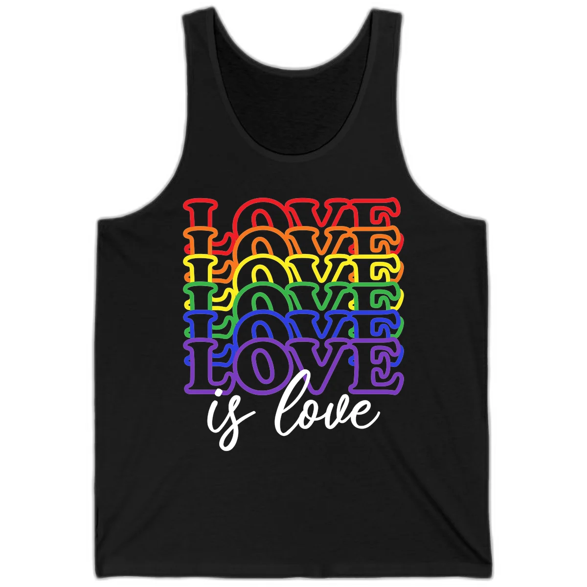 Love is love rainbow pride design with stacked colorful letters in red, orange, yellow, green, blue, and purple in Black