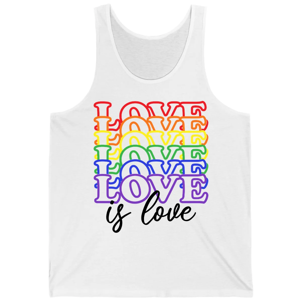 Love is love rainbow pride design with stacked colorful letters in red, orange, yellow, green, blue, and purple in White