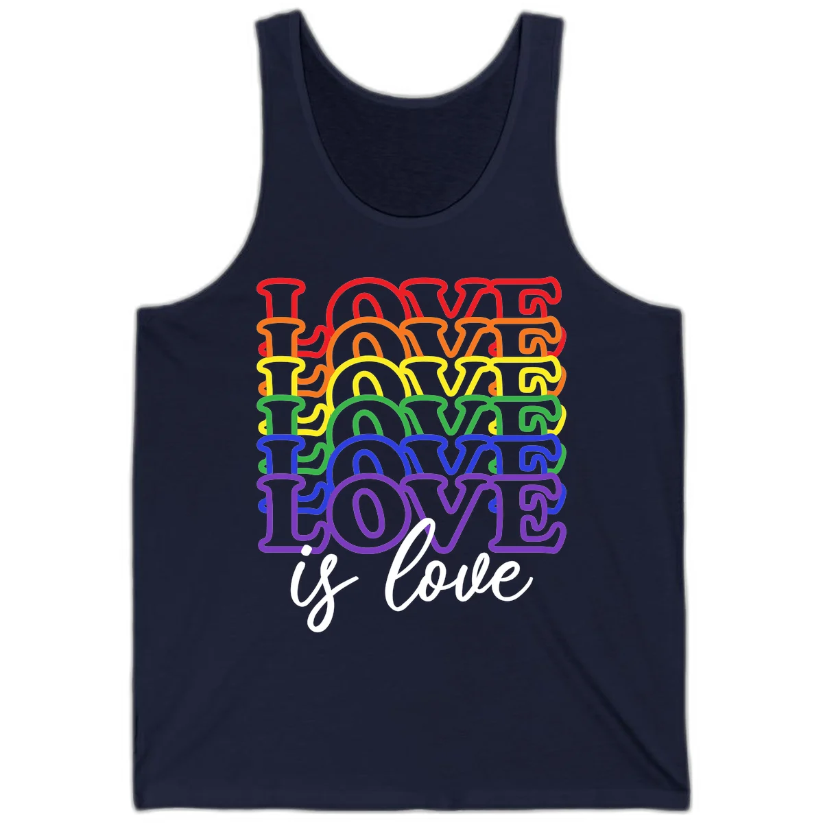 Love is love rainbow pride design with stacked colorful letters in red, orange, yellow, green, blue, and purple in Navy