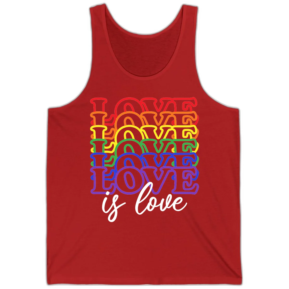 Love is love rainbow pride design with stacked colorful letters in red, orange, yellow, green, blue, and purple in Red