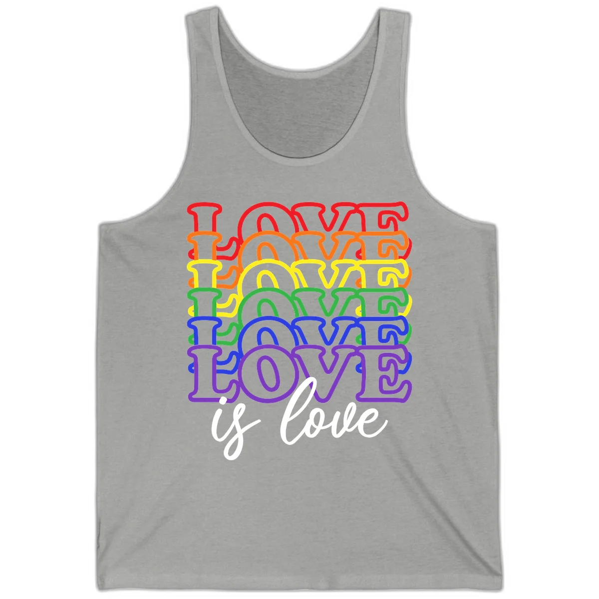 Love is love rainbow pride design with stacked colorful letters in red, orange, yellow, green, blue, and purple in Athletic Heather