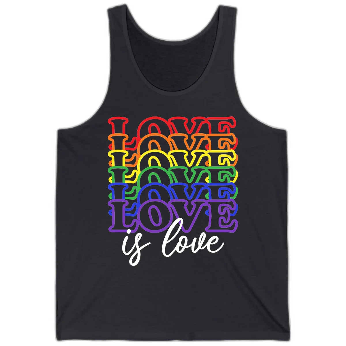 Love is love rainbow pride design with stacked colorful letters in red, orange, yellow, green, blue, and purple in Dark Grey