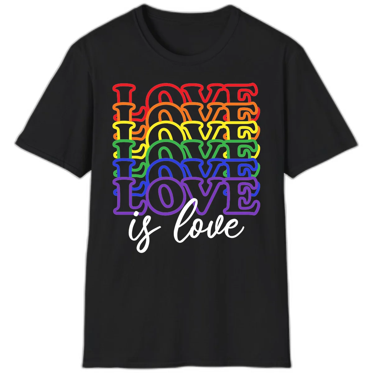 Love is love rainbow pride design with stacked colorful letters in red, orange, yellow, green, blue, and purple in Black