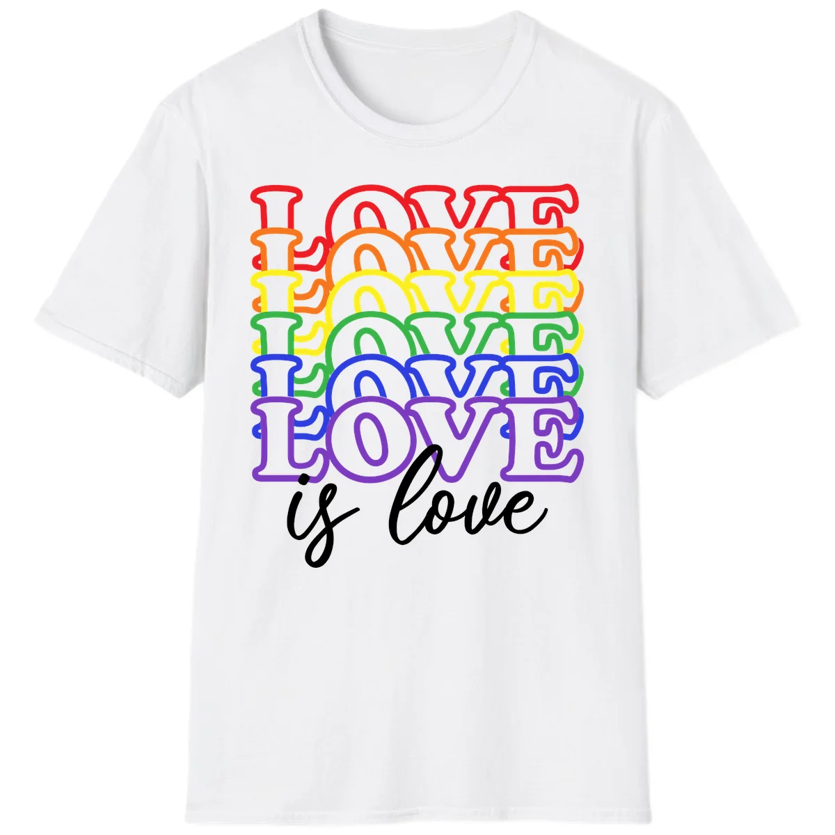 Love is love rainbow pride design with stacked colorful letters in red, orange, yellow, green, blue, and purple in White
