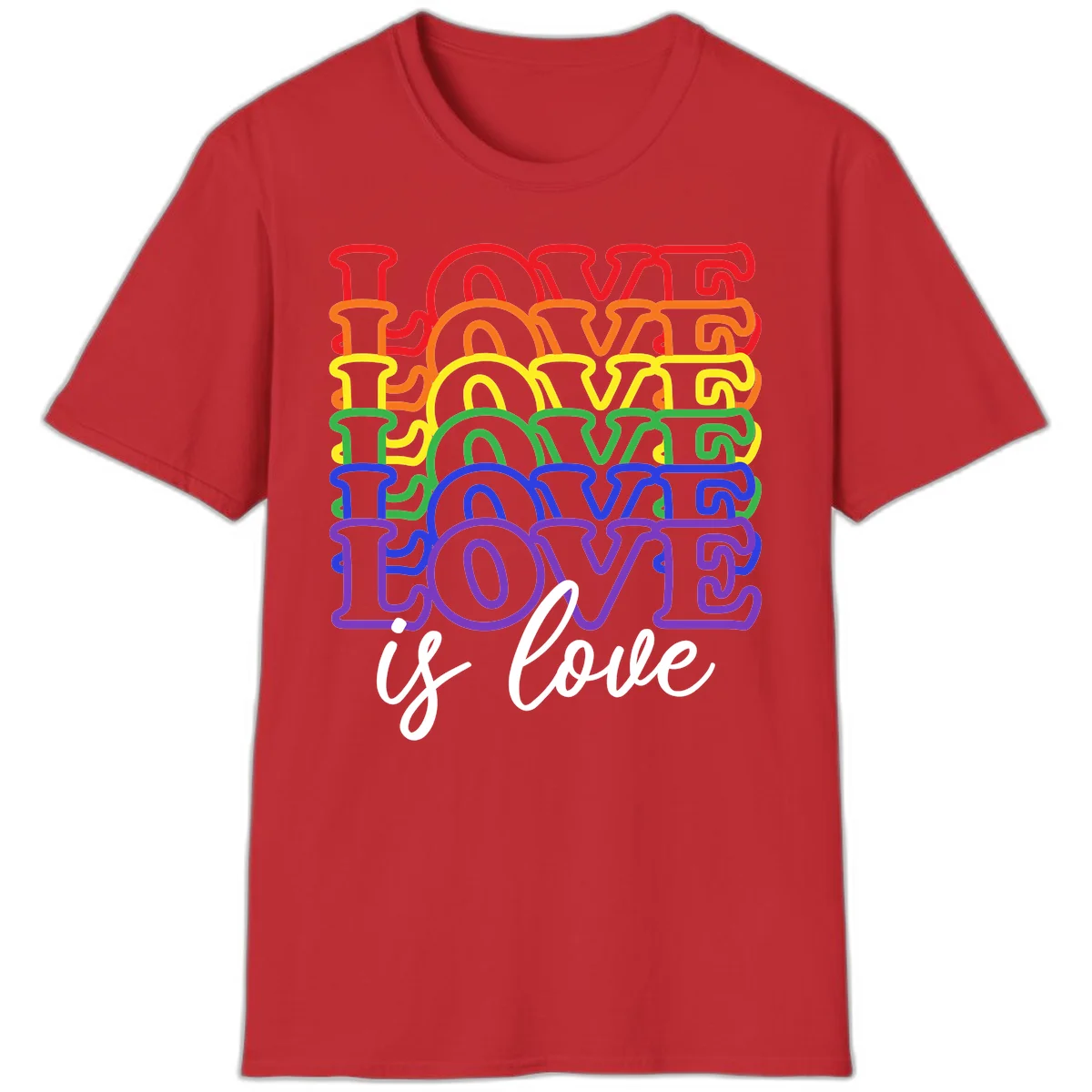 Love is love rainbow pride design with stacked colorful letters in red, orange, yellow, green, blue, and purple in Red