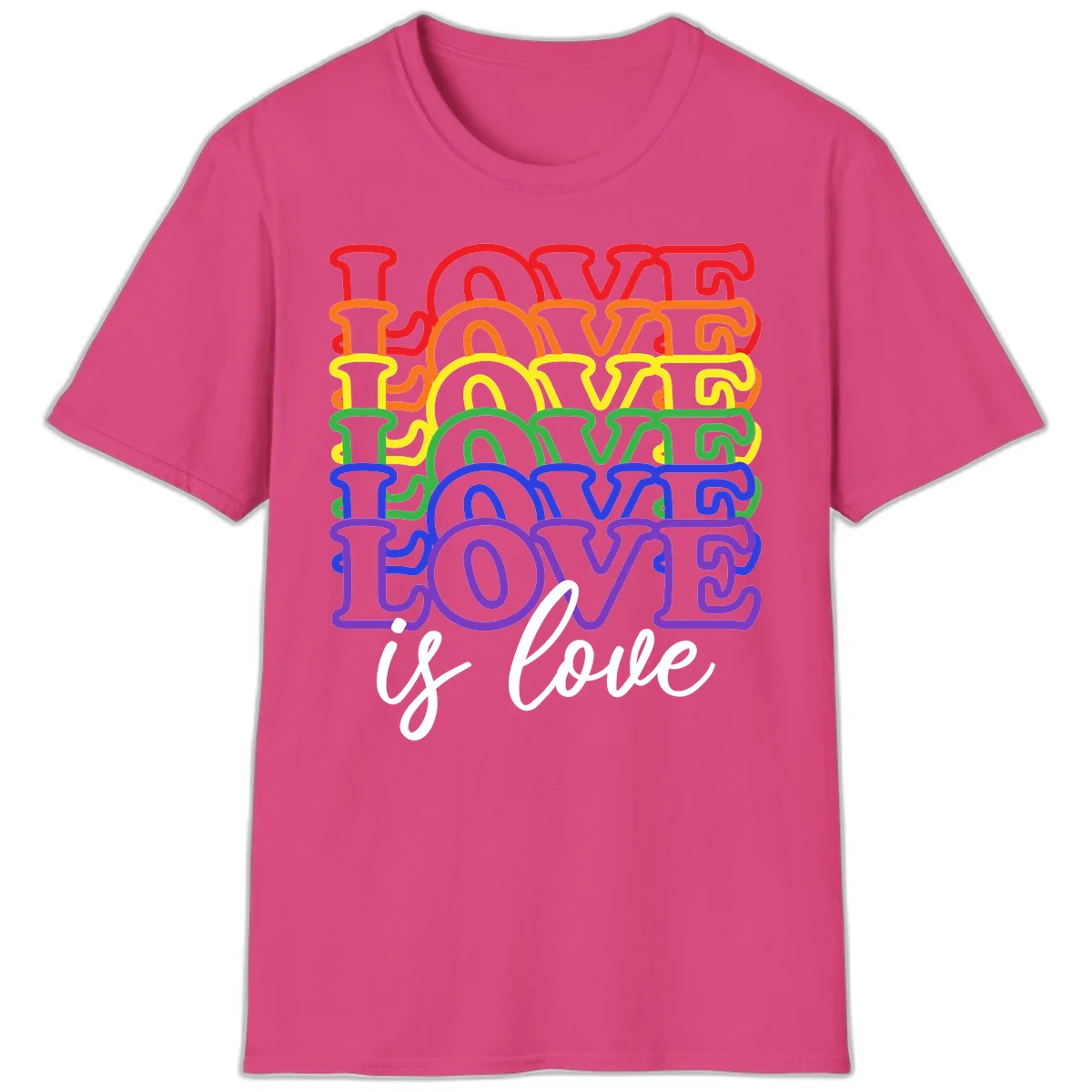 Love is love rainbow pride design with stacked colorful letters in red, orange, yellow, green, blue, and purple in Heliconia