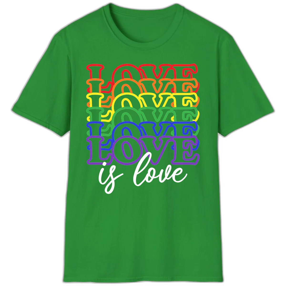 Love is love rainbow pride design with stacked colorful letters in red, orange, yellow, green, blue, and purple in Irish Green