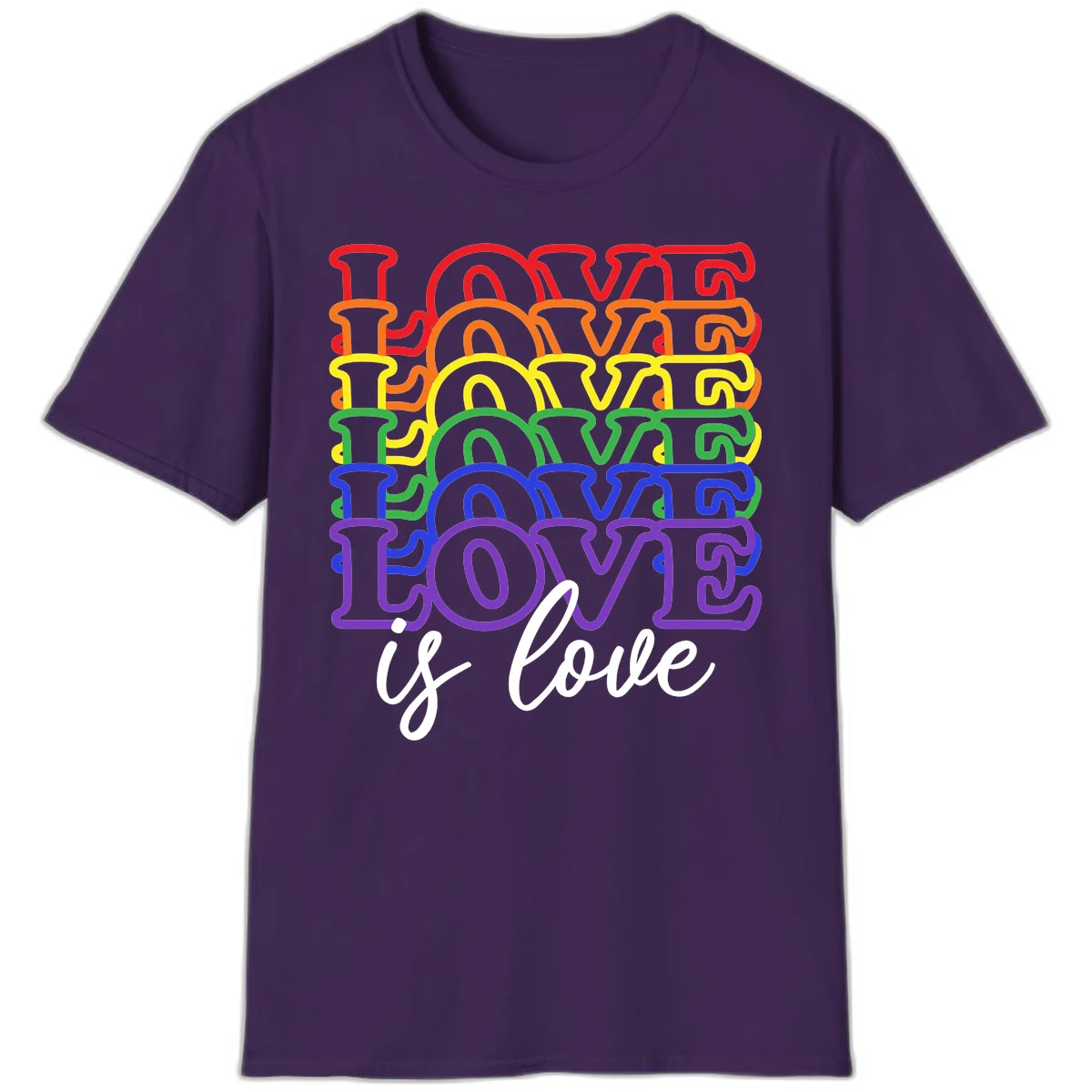 Love is love rainbow pride design with stacked colorful letters in red, orange, yellow, green, blue, and purple in Purple