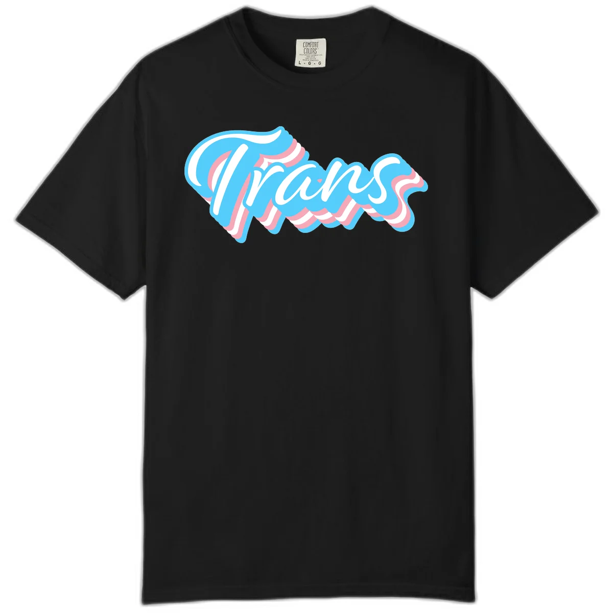 Waves pride flow design featuring white cursive text with layered pink and blue wavy patterns on a gray background in Black