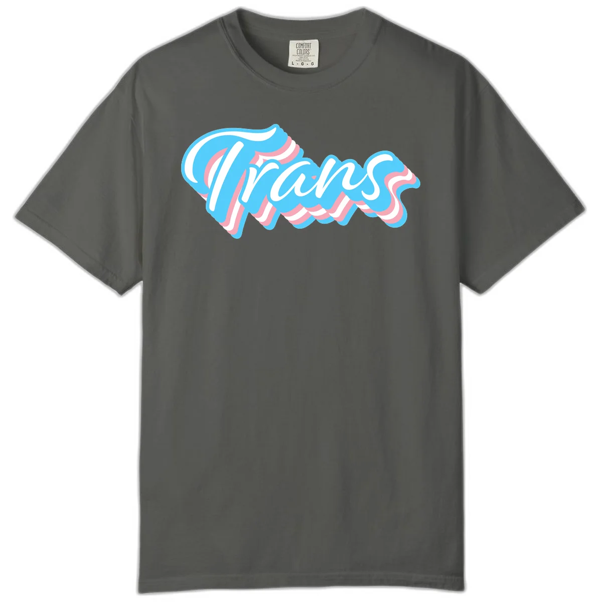 Waves pride flow design featuring white cursive text with layered pink and blue wavy patterns on a gray background in Pepper
