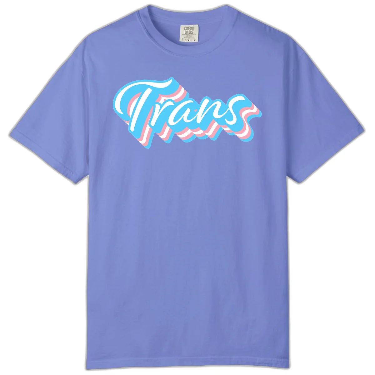 Waves pride flow design featuring white cursive text with layered pink and blue wavy patterns on a gray background in Flo Blue