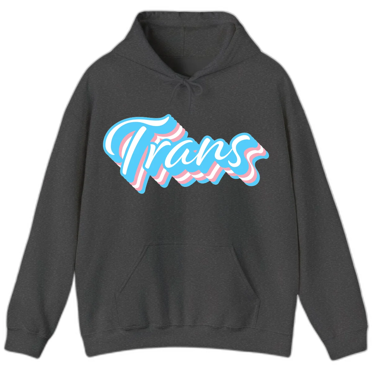 Waves pride flow design featuring white cursive text with layered pink and blue wavy patterns on a gray background in Dark Heather