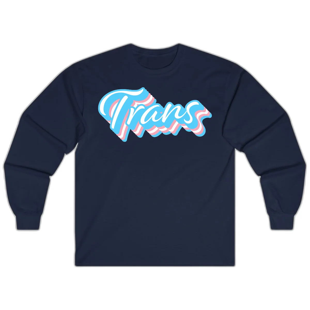 Waves pride flow design featuring white cursive text with layered pink and blue wavy patterns on a gray background in Navy