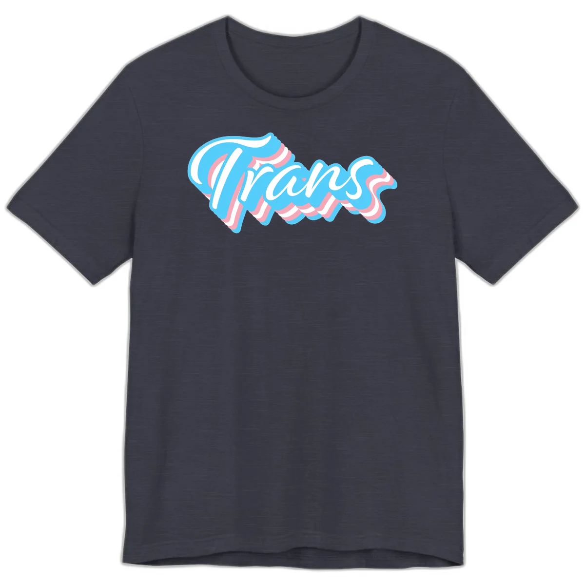 Waves pride flow design featuring white cursive text with layered pink and blue wavy patterns on a gray background in Heather Midnight Navy
