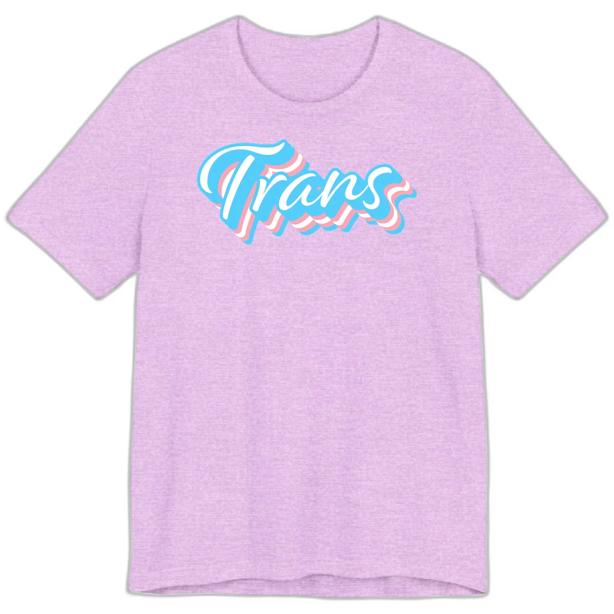 Waves pride flow design featuring white cursive text with layered pink and blue wavy patterns on a gray background in Heather Prism Lilac