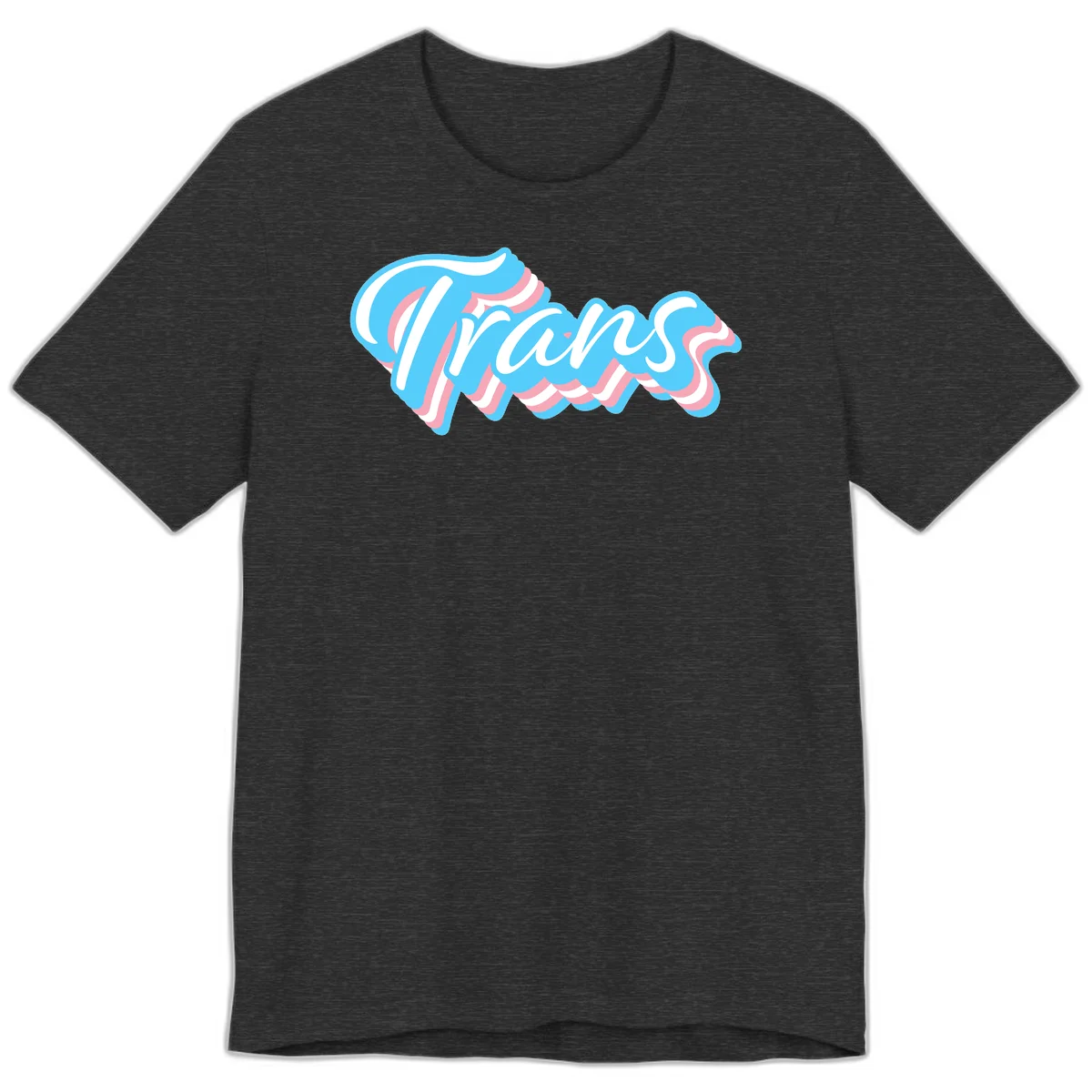 Waves pride flow design featuring white cursive text with layered pink and blue wavy patterns on a gray background in Dark Grey Heather
