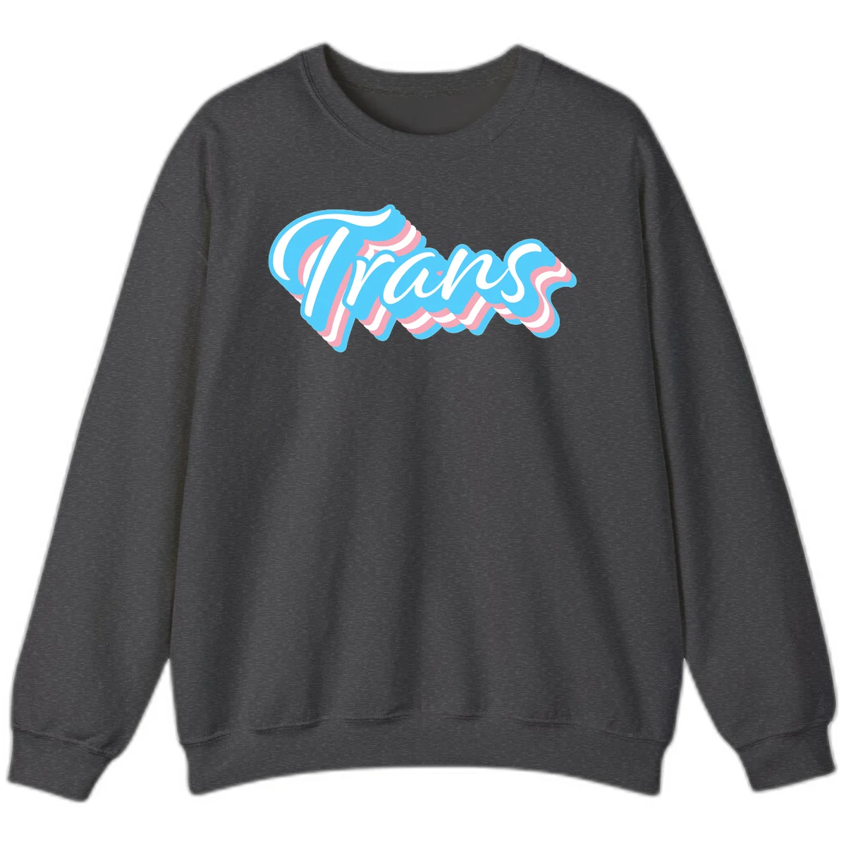 Waves pride flow design featuring white cursive text with layered pink and blue wavy patterns on a gray background in Dark Heather