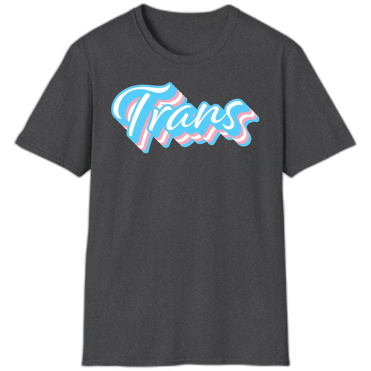 Waves pride flow design featuring white cursive text with layered pink and blue wavy patterns on a gray background in Dark Heather
