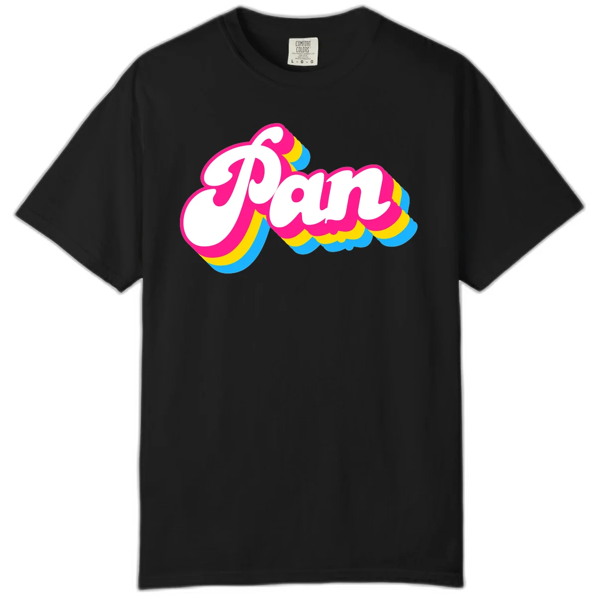 Retro pop art design with 'Pam' in bold white lettering outlined in magenta with layered cyan and yellow scalloped shapes in Black