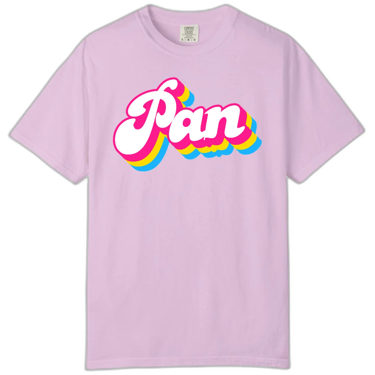 Retro pop art design with 'Pam' in bold white lettering outlined in magenta with layered cyan and yellow scalloped shapes in Orchid