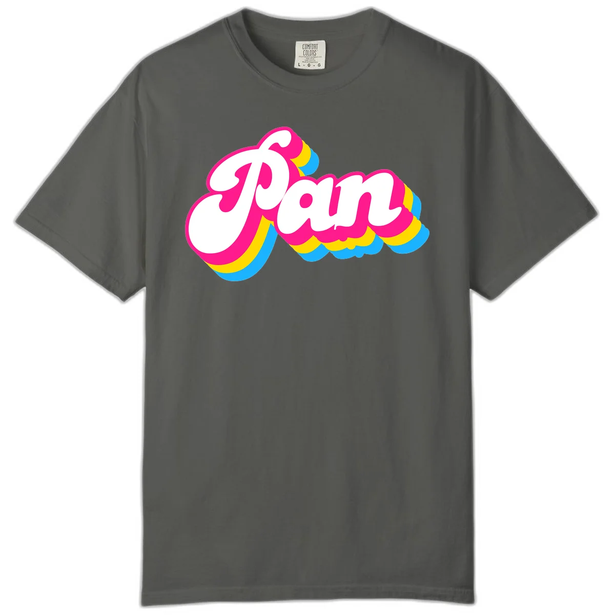 Retro pop art design with 'Pam' in bold white lettering outlined in magenta with layered cyan and yellow scalloped shapes in Pepper