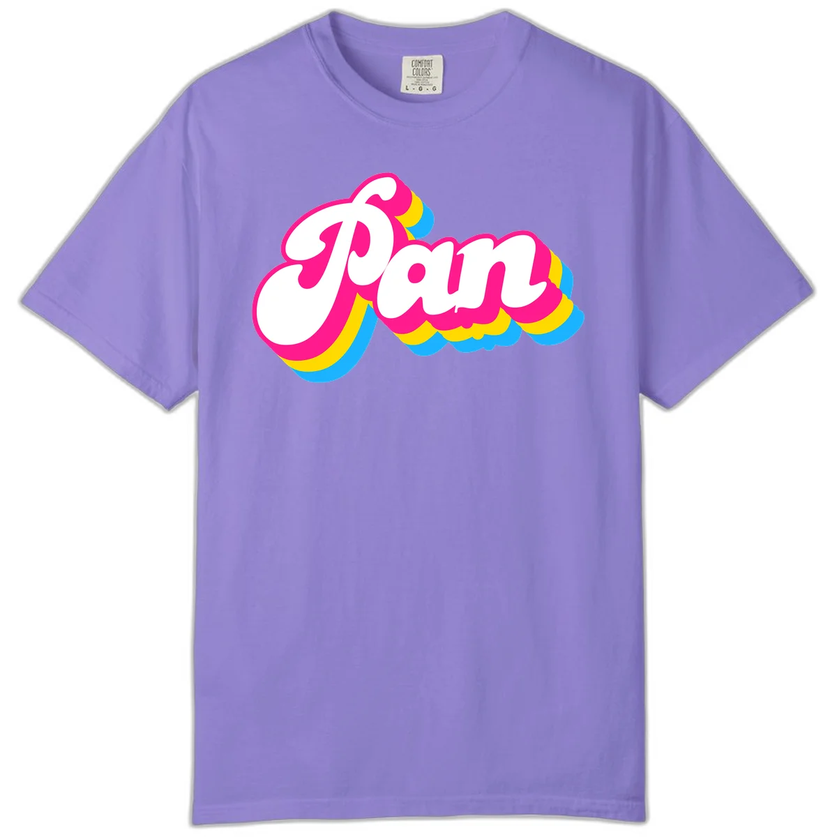 Retro pop art design with 'Pam' in bold white lettering outlined in magenta with layered cyan and yellow scalloped shapes in Violet