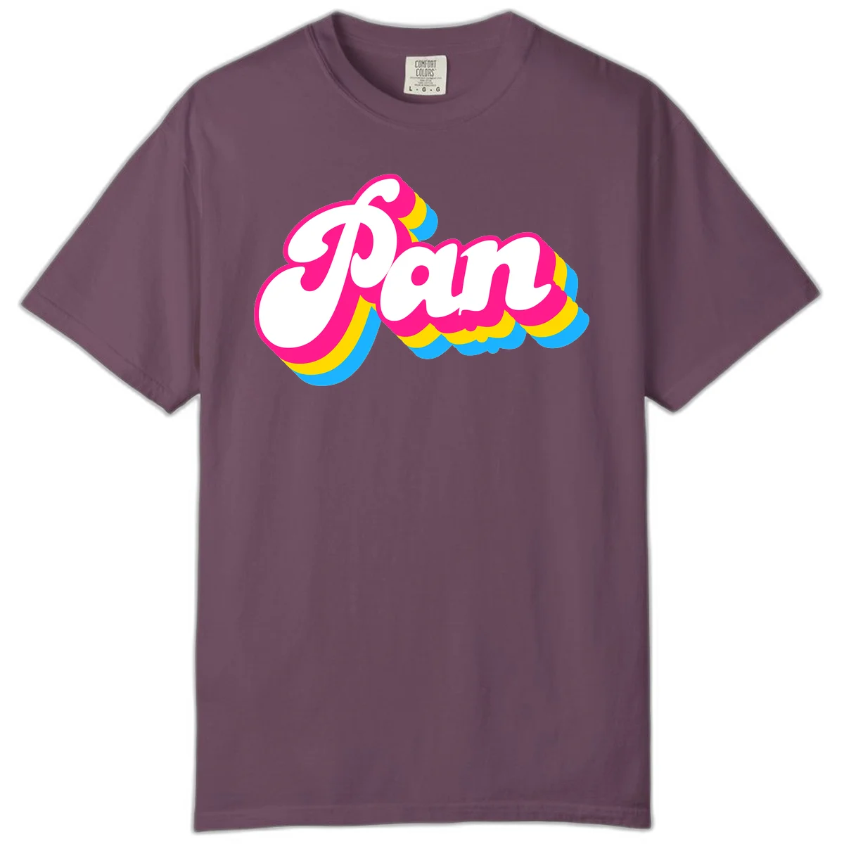 Retro pop art design with 'Pam' in bold white lettering outlined in magenta with layered cyan and yellow scalloped shapes in Berry