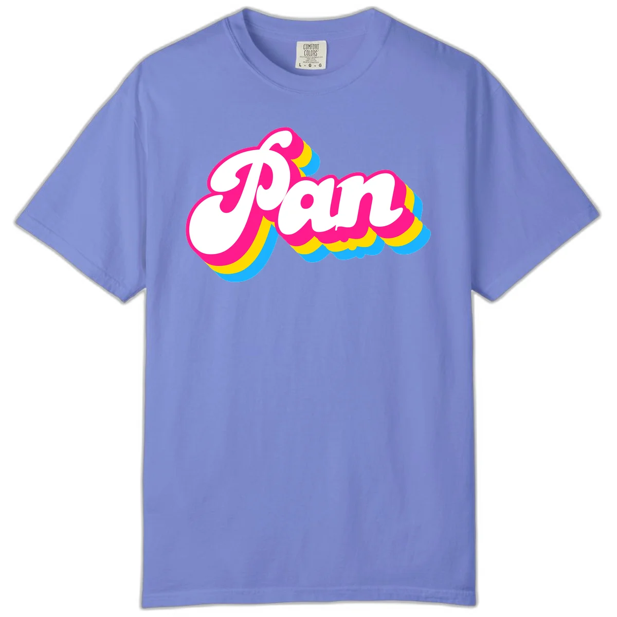 Retro pop art design with 'Pam' in bold white lettering outlined in magenta with layered cyan and yellow scalloped shapes in Flo Blue