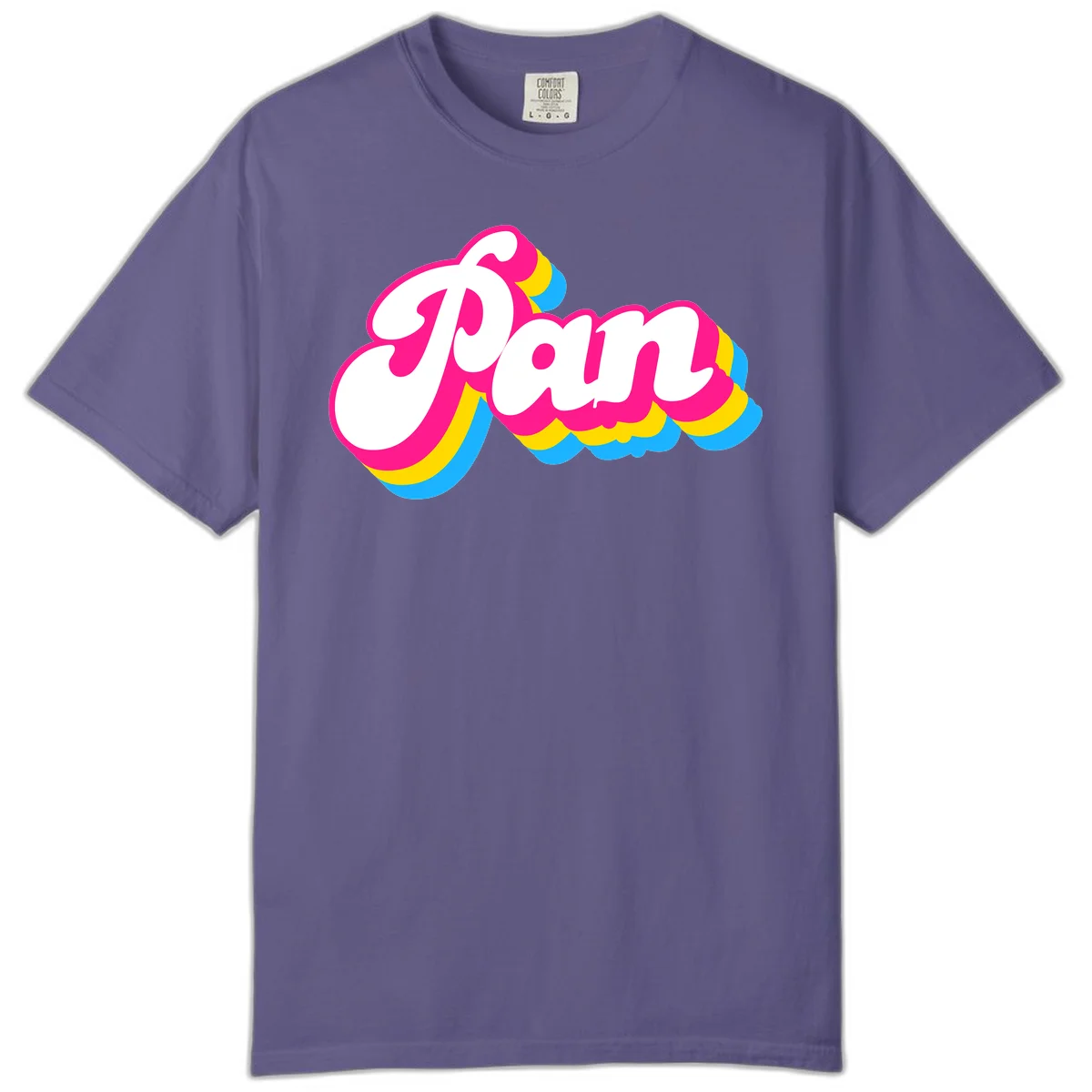 Retro pop art design with 'Pam' in bold white lettering outlined in magenta with layered cyan and yellow scalloped shapes in Grape