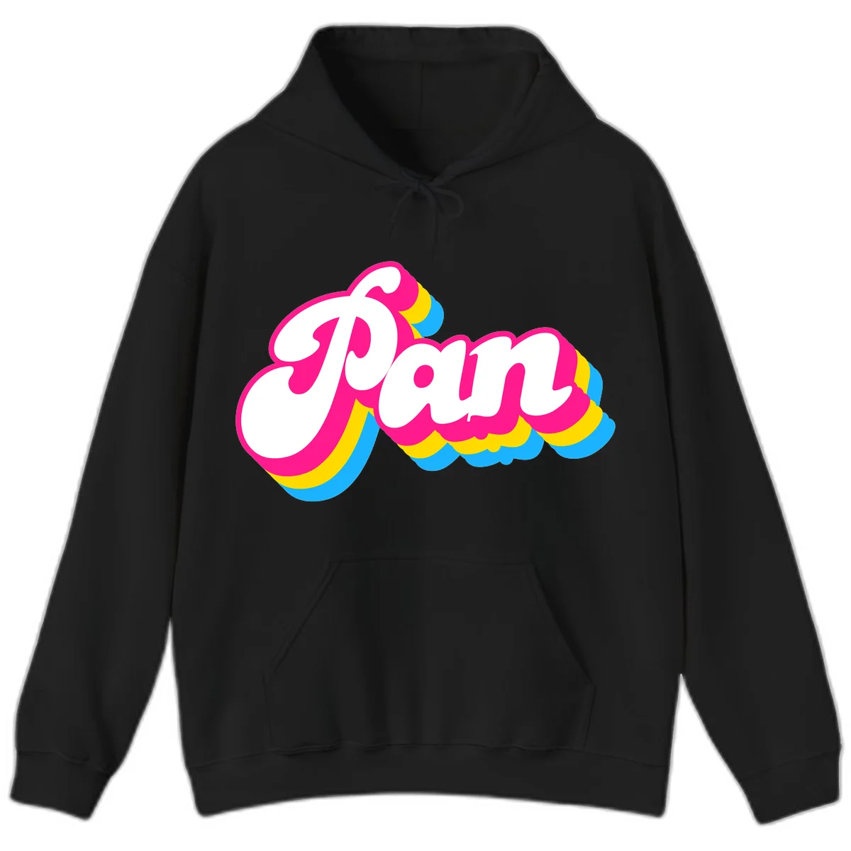 Retro pop art design with 'Pam' in bold white lettering outlined in magenta with layered cyan and yellow scalloped shapes in Black