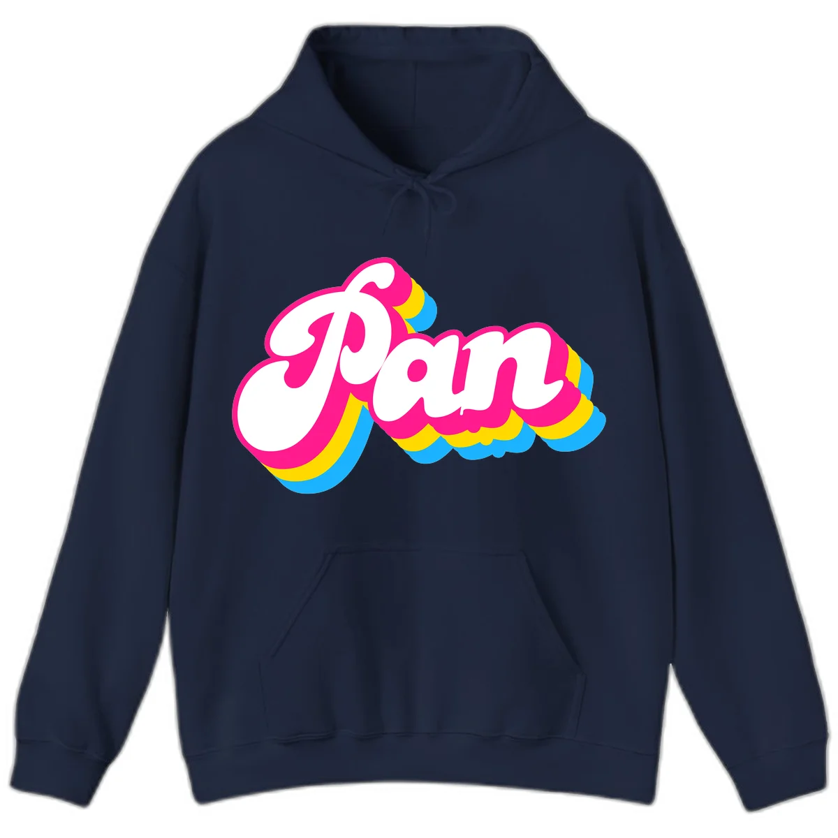 Retro pop art design with 'Pam' in bold white lettering outlined in magenta with layered cyan and yellow scalloped shapes in Navy