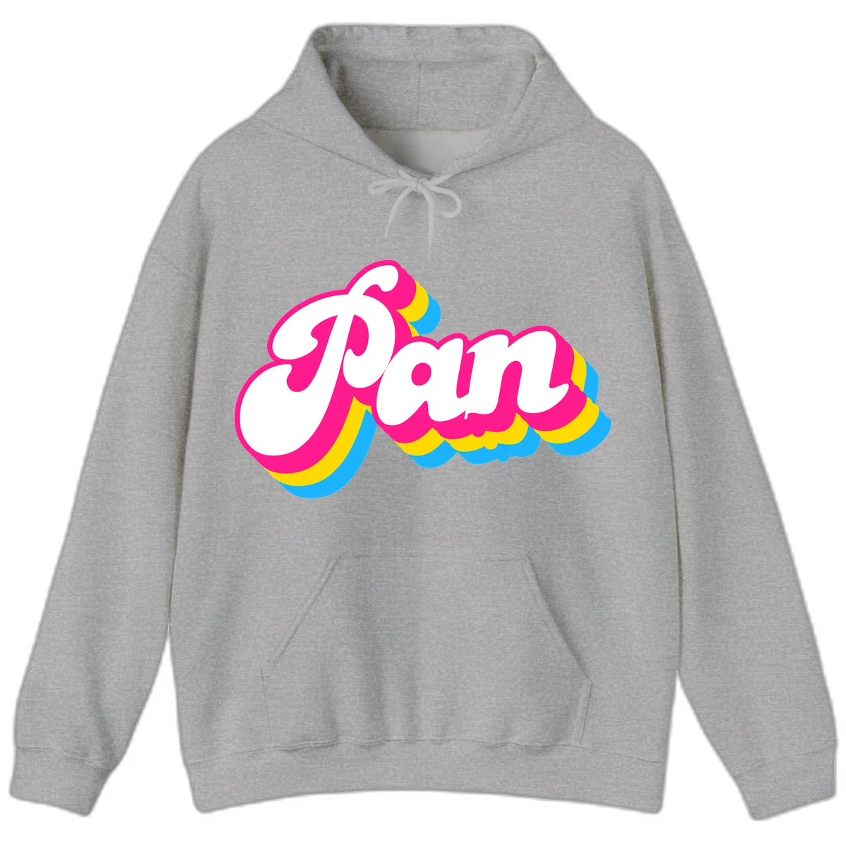 Retro pop art design with 'Pam' in bold white lettering outlined in magenta with layered cyan and yellow scalloped shapes in Sport Grey