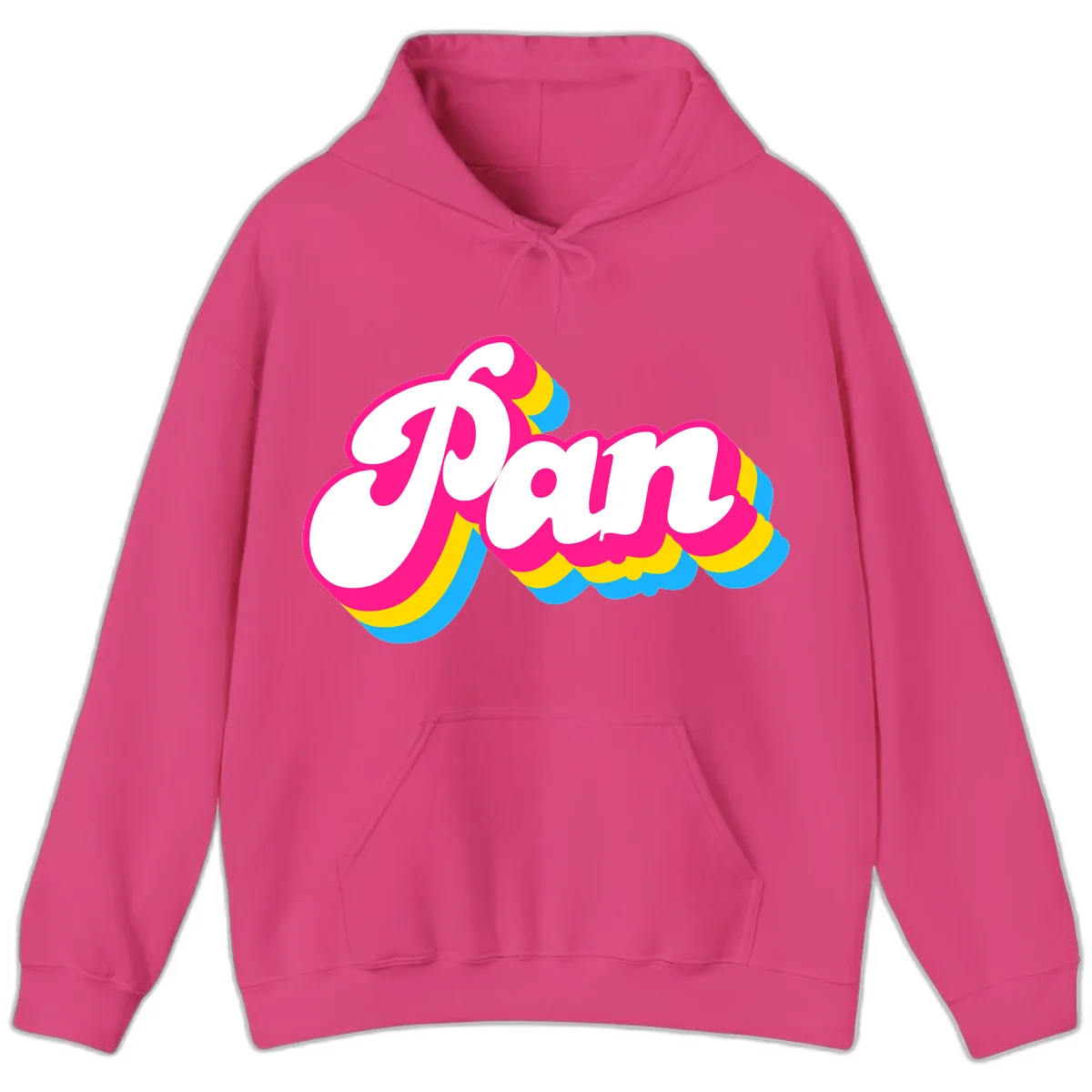 Retro pop art design with 'Pam' in bold white lettering outlined in magenta with layered cyan and yellow scalloped shapes in Heliconia