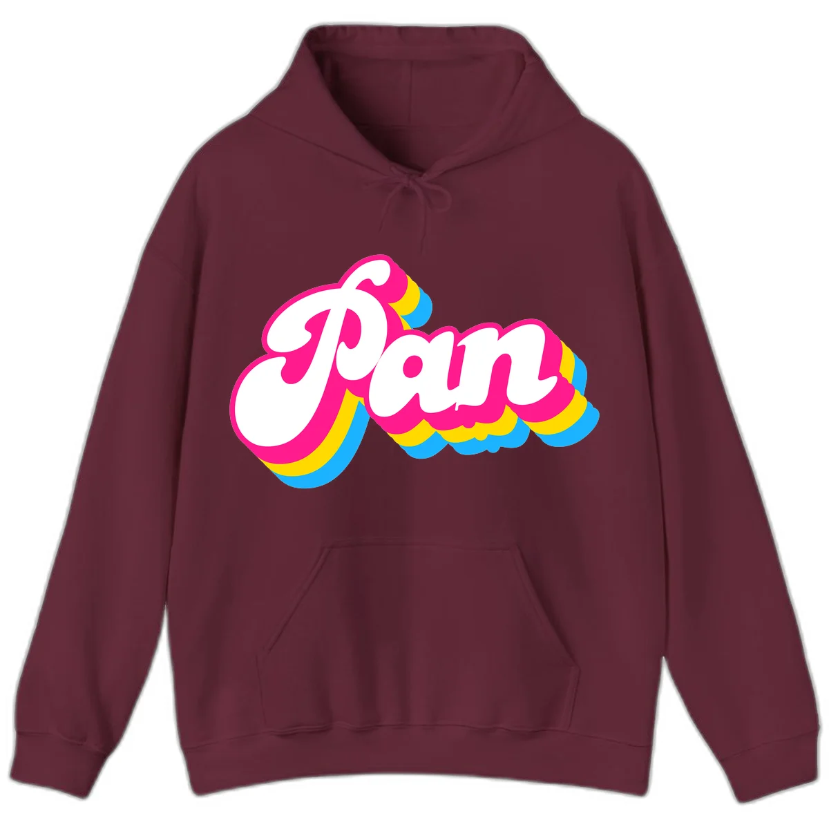 Retro pop art design with 'Pam' in bold white lettering outlined in magenta with layered cyan and yellow scalloped shapes in Maroon