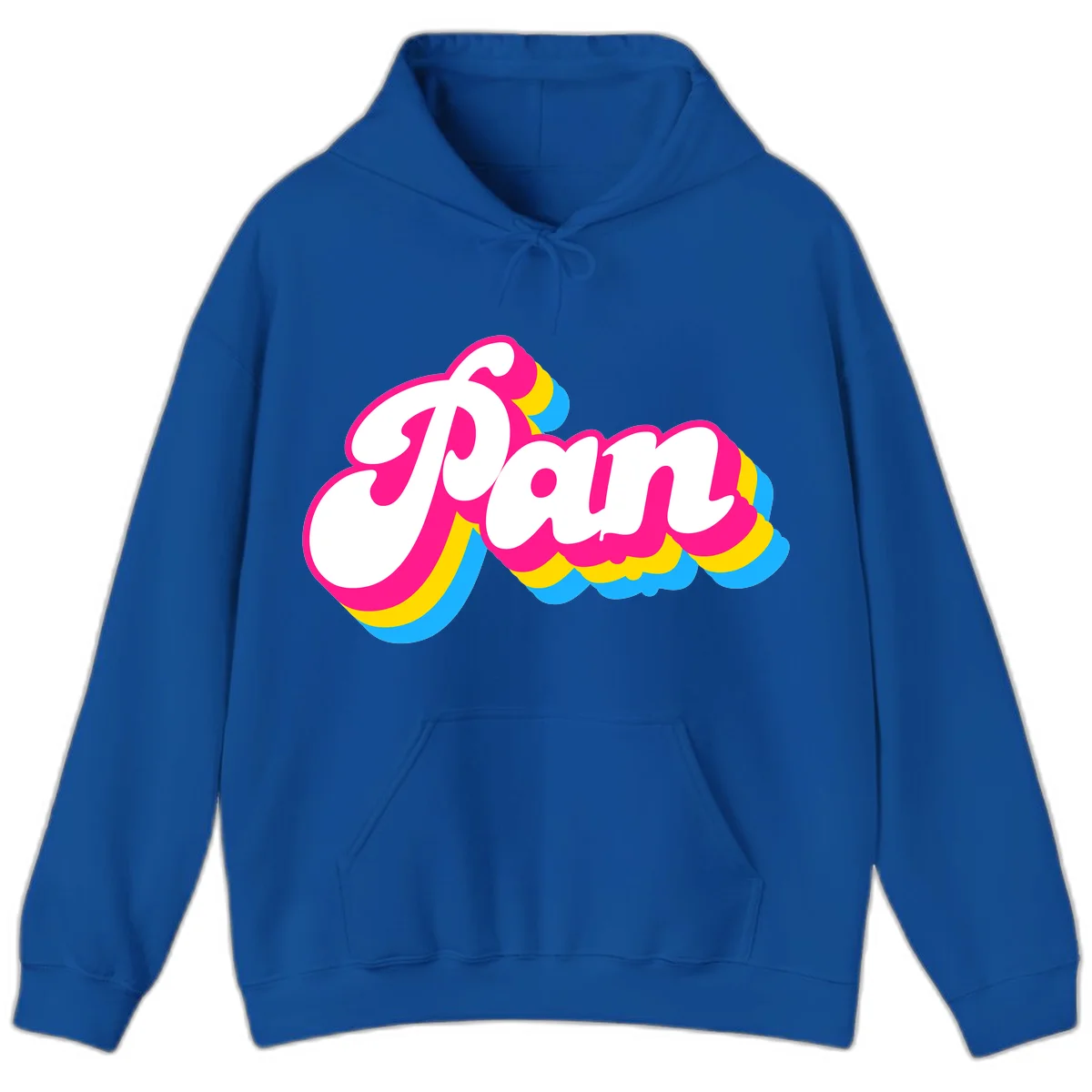 Retro pop art design with 'Pam' in bold white lettering outlined in magenta with layered cyan and yellow scalloped shapes in Royal