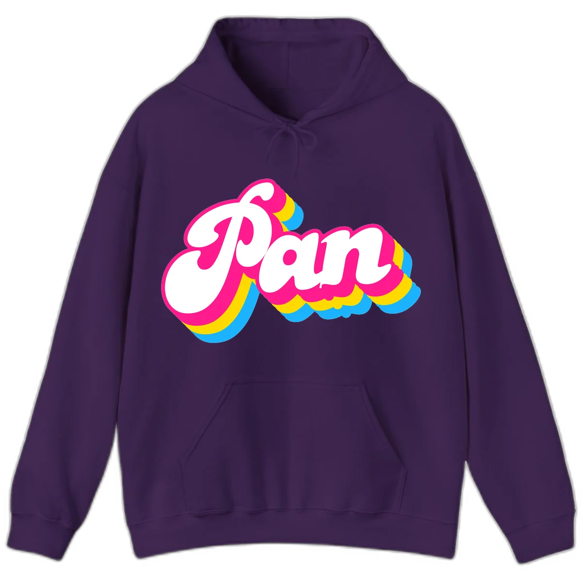 Retro pop art design with 'Pam' in bold white lettering outlined in magenta with layered cyan and yellow scalloped shapes in Purple