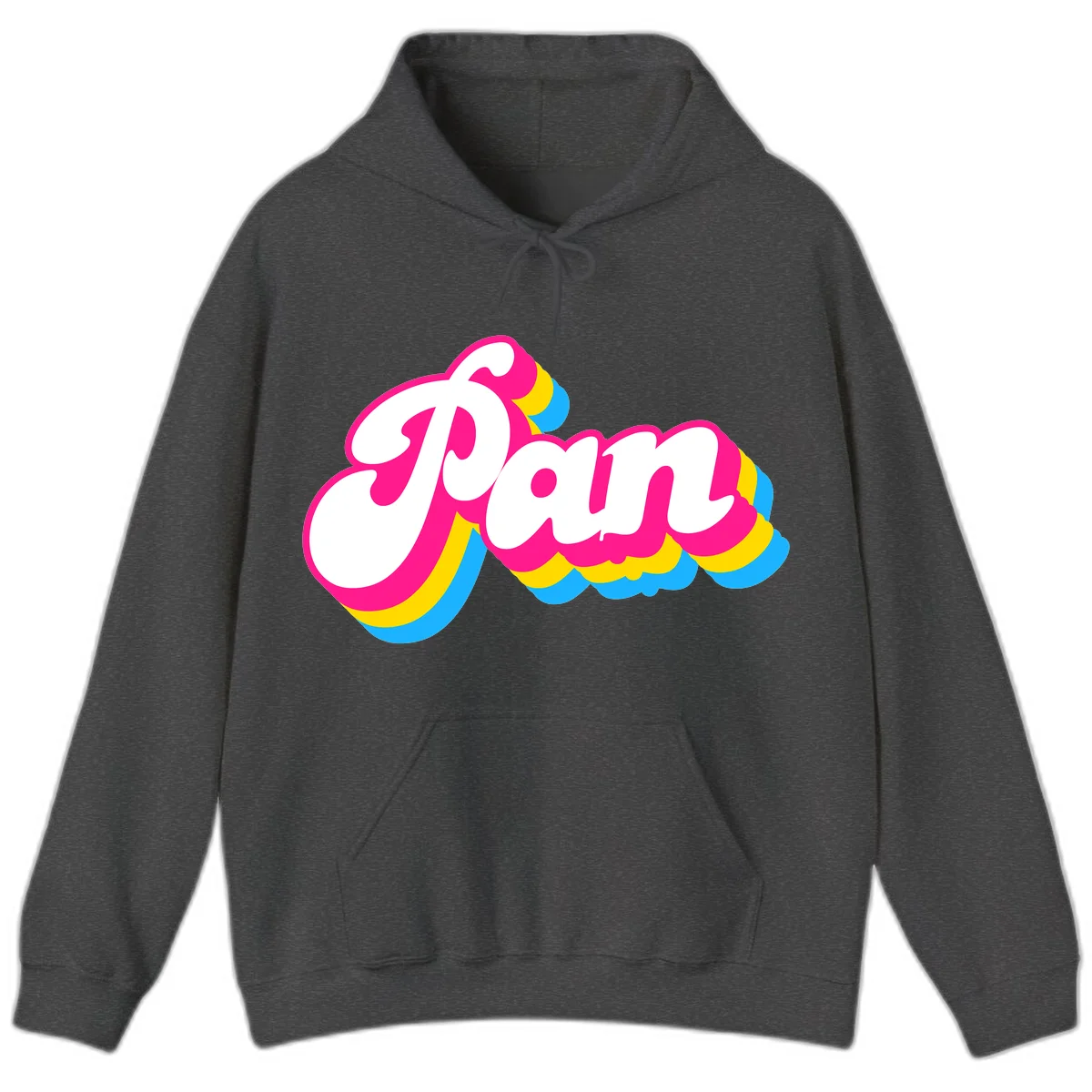 Retro pop art design with 'Pam' in bold white lettering outlined in magenta with layered cyan and yellow scalloped shapes in Dark Heather