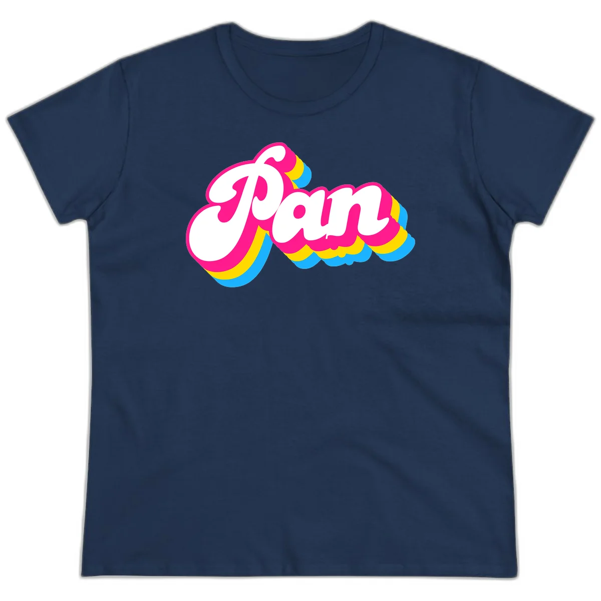 Retro pop art design with 'Pam' in bold white lettering outlined in magenta with layered cyan and yellow scalloped shapes in Navy