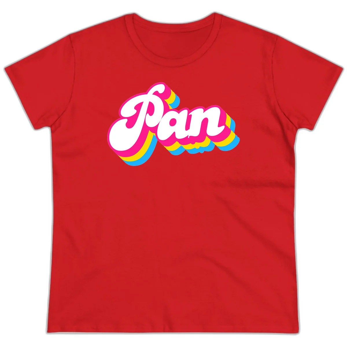 Retro pop art design with 'Pam' in bold white lettering outlined in magenta with layered cyan and yellow scalloped shapes in Red