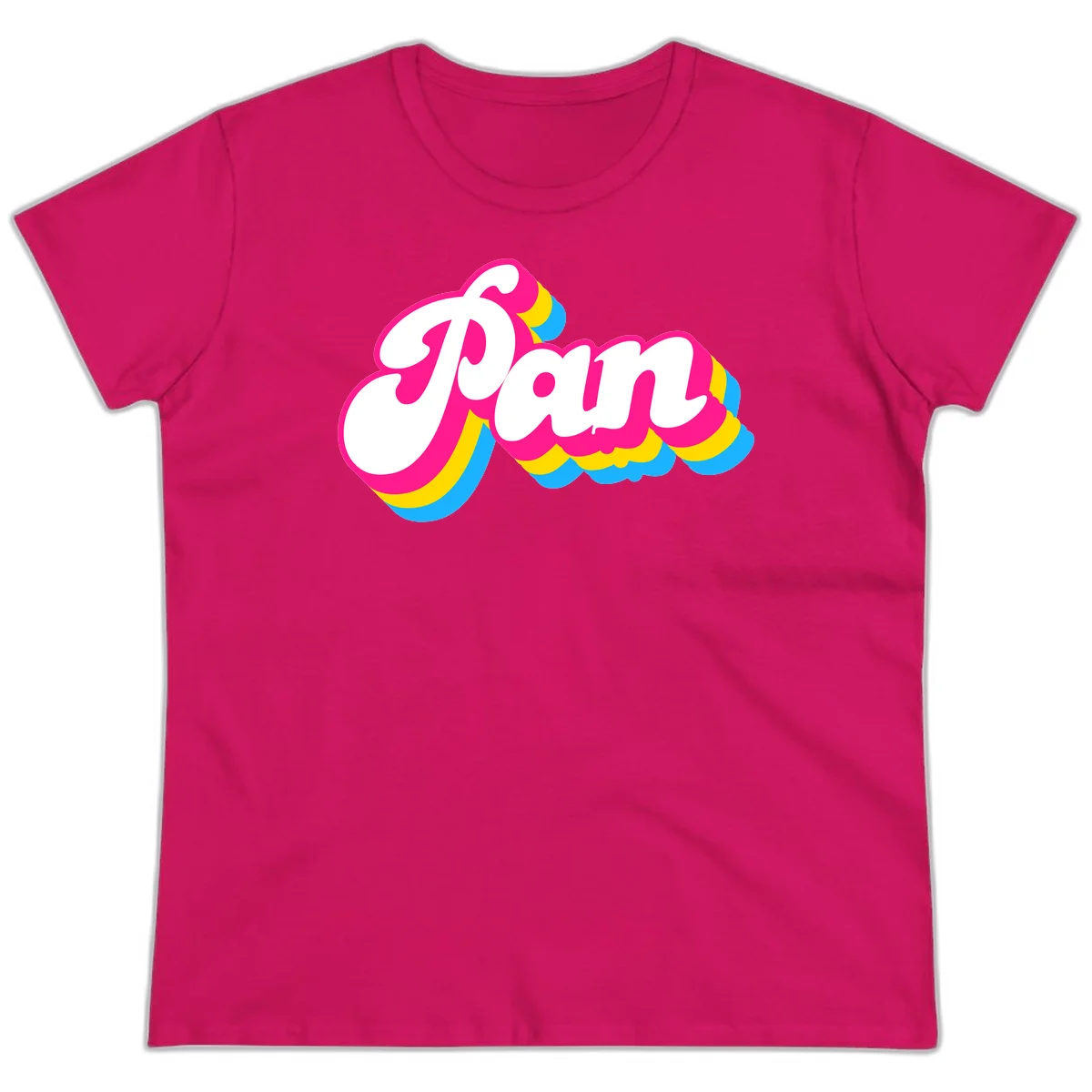 Retro pop art design with 'Pam' in bold white lettering outlined in magenta with layered cyan and yellow scalloped shapes in Heliconia