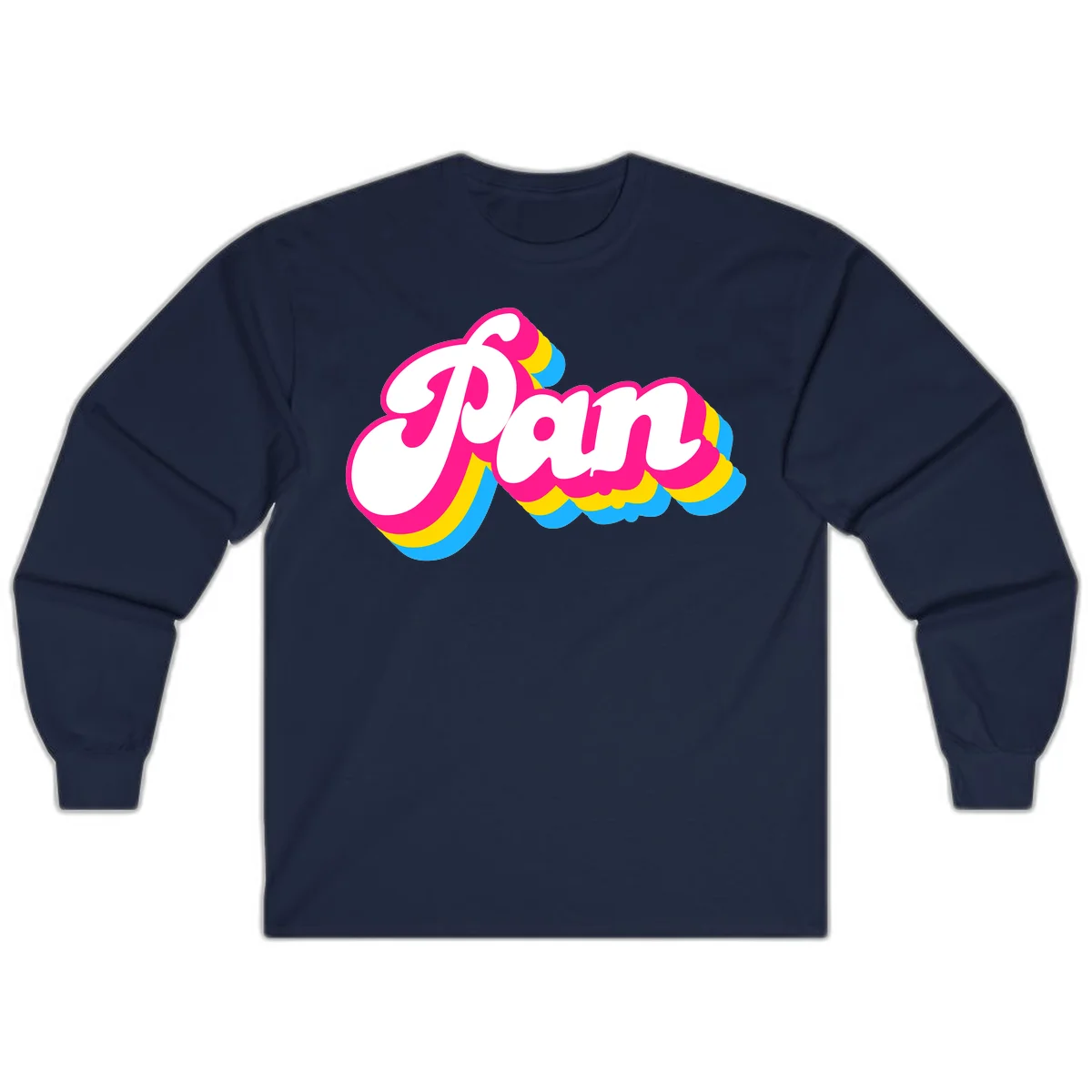 Retro pop art design with 'Pam' in bold white lettering outlined in magenta with layered cyan and yellow scalloped shapes in Navy