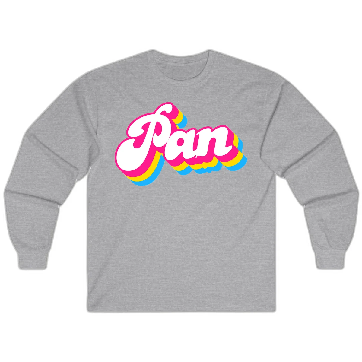 Retro pop art design with 'Pam' in bold white lettering outlined in magenta with layered cyan and yellow scalloped shapes in Sport Grey