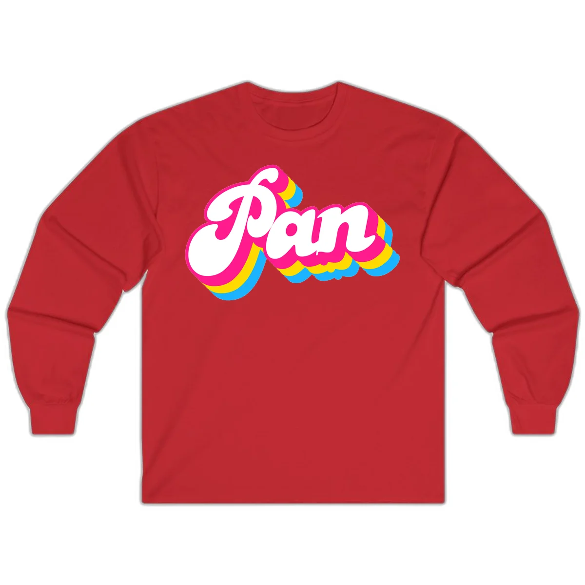 Retro pop art design with 'Pam' in bold white lettering outlined in magenta with layered cyan and yellow scalloped shapes in Red