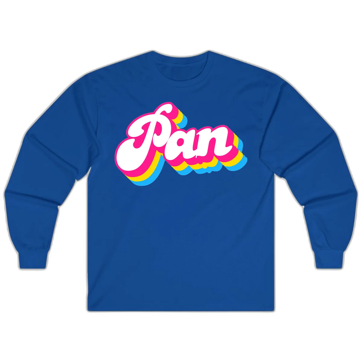 Retro pop art design with 'Pam' in bold white lettering outlined in magenta with layered cyan and yellow scalloped shapes in Royal