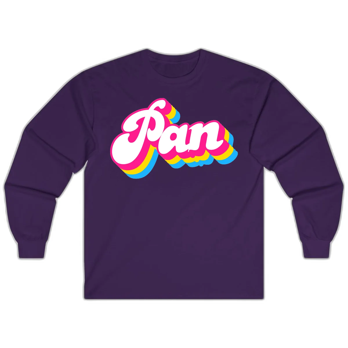 Retro pop art design with 'Pam' in bold white lettering outlined in magenta with layered cyan and yellow scalloped shapes in Purple