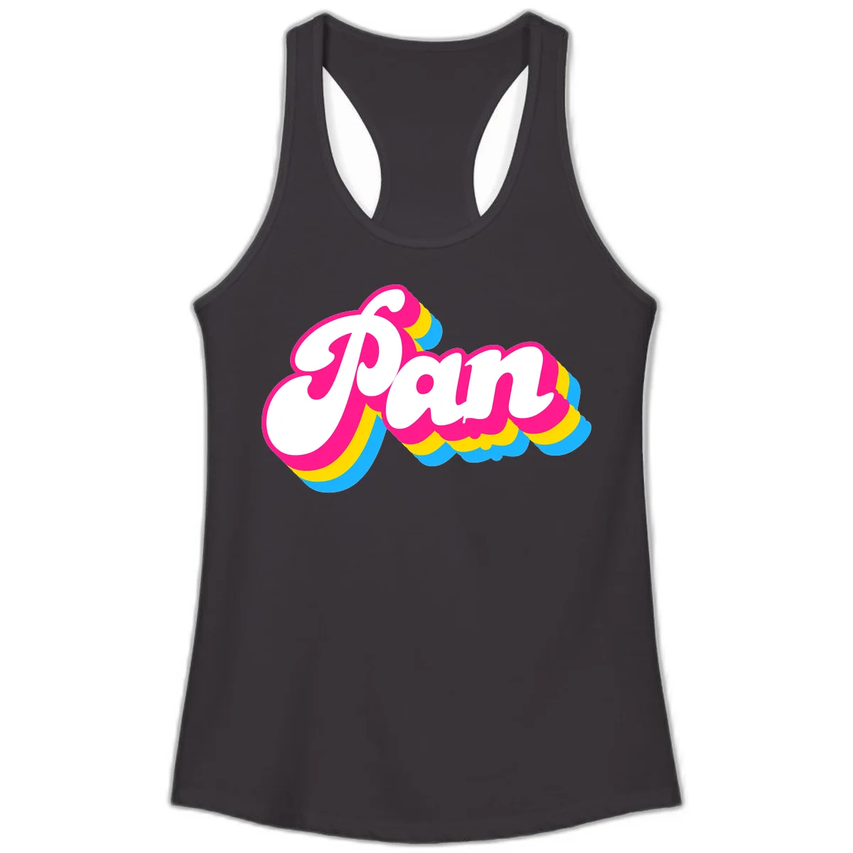 Retro pop art design with 'Pam' in bold white lettering outlined in magenta with layered cyan and yellow scalloped shapes in Black