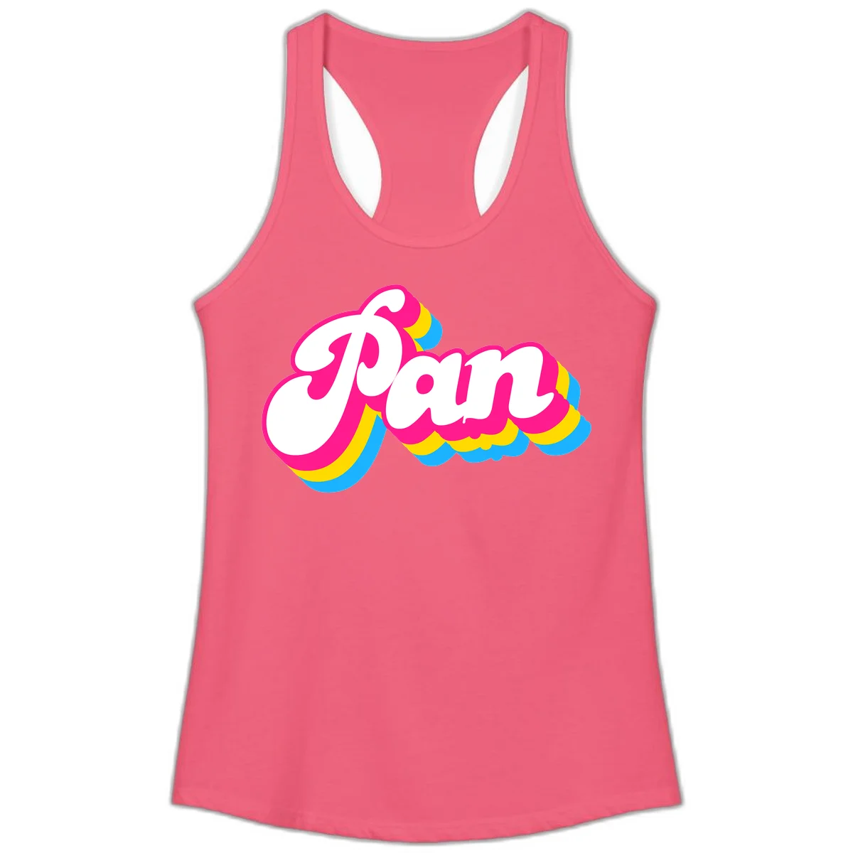 Retro pop art design with 'Pam' in bold white lettering outlined in magenta with layered cyan and yellow scalloped shapes in Hot Pink