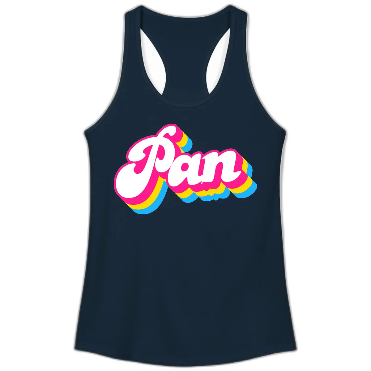 Retro pop art design with 'Pam' in bold white lettering outlined in magenta with layered cyan and yellow scalloped shapes in Solid Midnight Navy