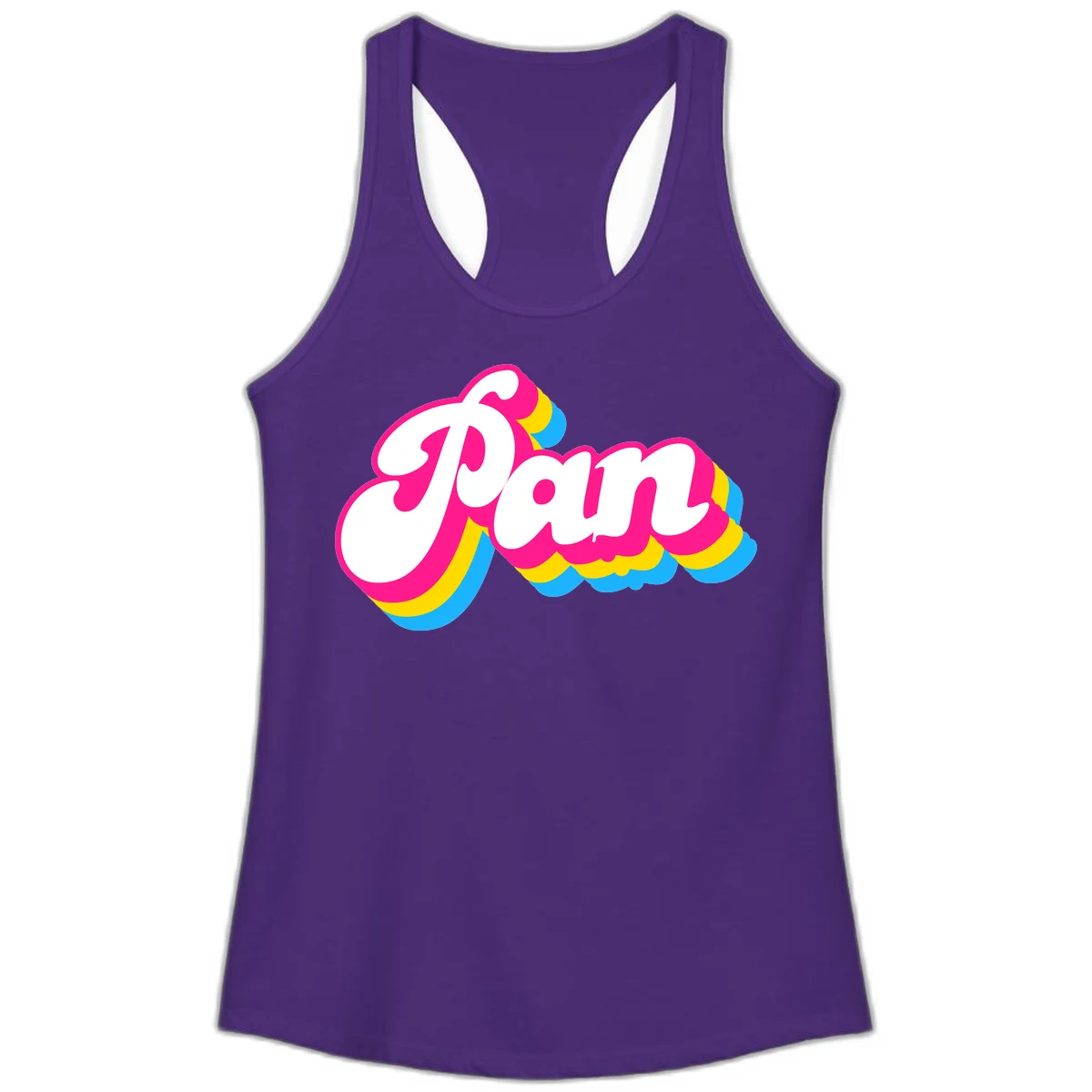 Retro pop art design with 'Pam' in bold white lettering outlined in magenta with layered cyan and yellow scalloped shapes in Solid Purple Rush